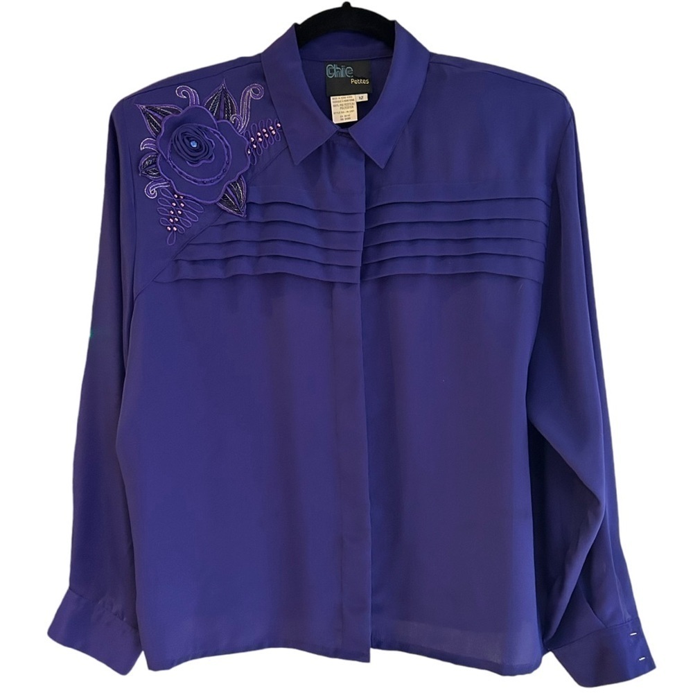 The Perfect Vintage Purple Blouse with Bead and Flower Embellishment